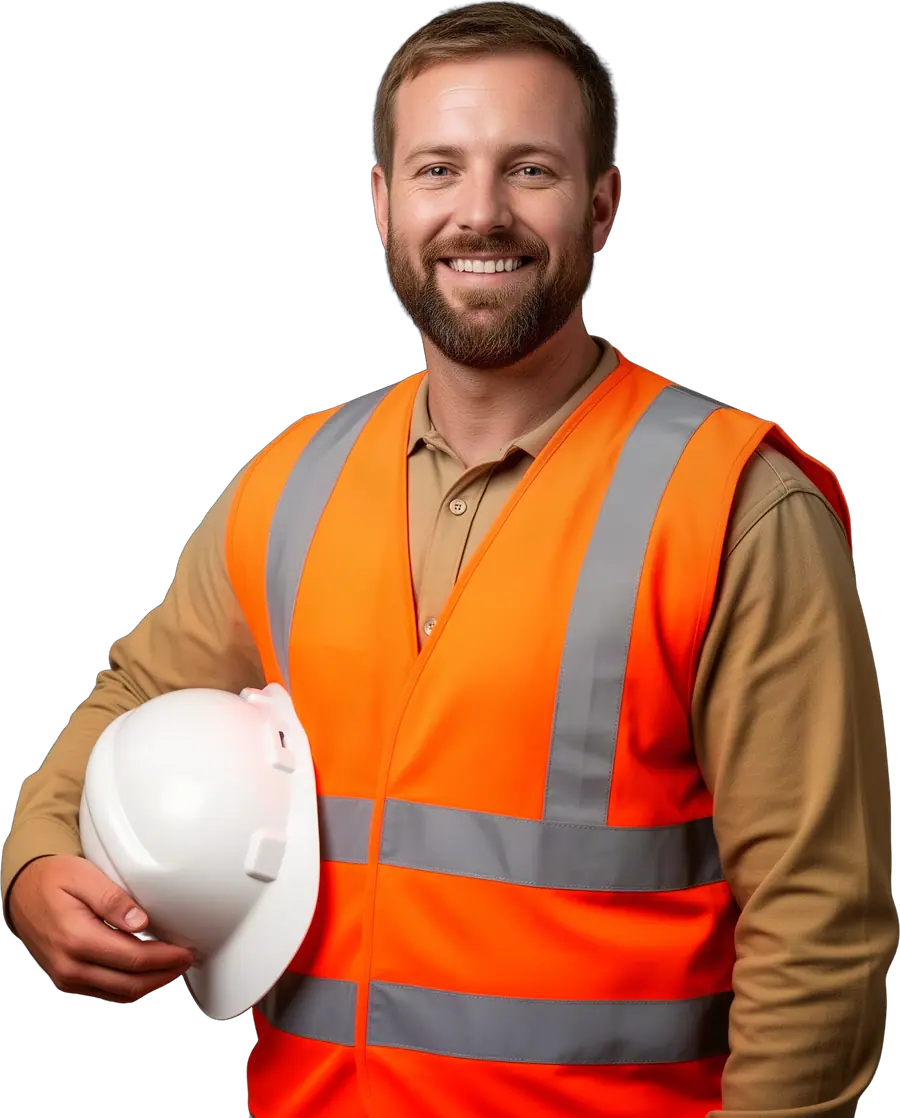 Smiling bearded man in an orange safety vest holding a white hard hat