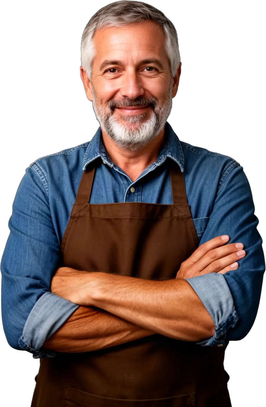 Smiling gray-bearded man in a denim shirt and brown apron, arms crossed