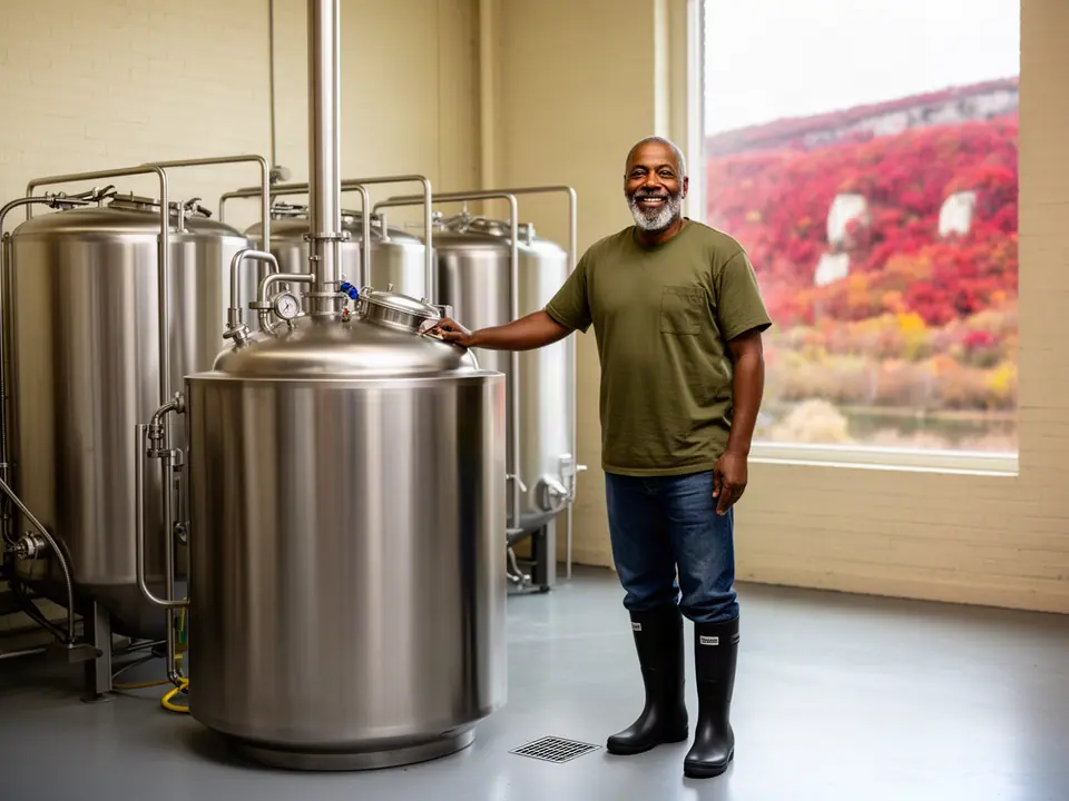 Brewer smiling beside his new stainless brew kettle and fermenters, river bluffs outside