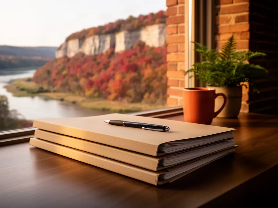Manila folders, a pen and an orange mug by a window onto autumn river bluffs