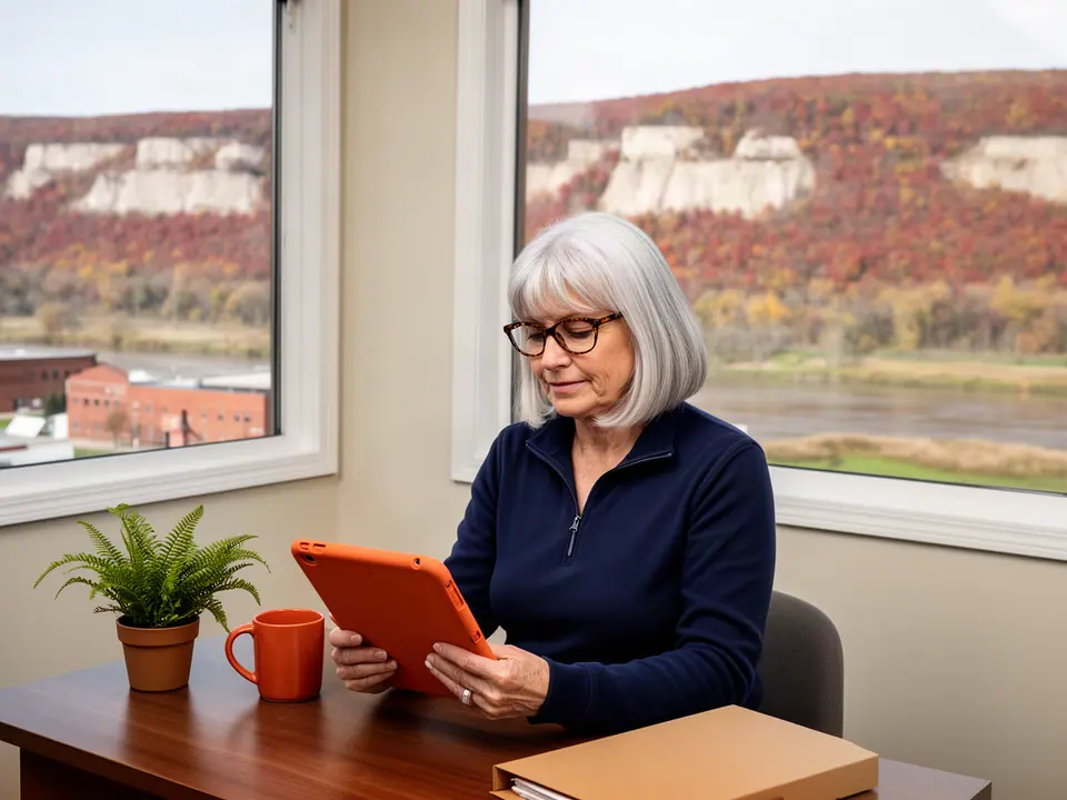 Woman in glasses reviewing her finances on an orange tablet by a window onto autumn bluffs
