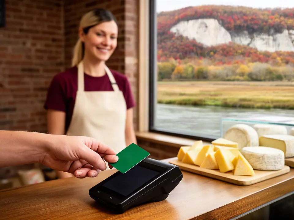 Customer tapping a green card on a terminal at a cheese counter by the river